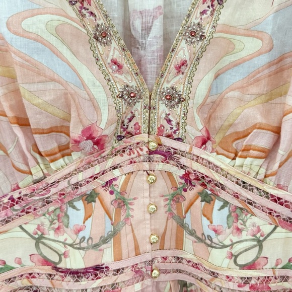 Camilla Shaped Waistband Maxi Dress Blossoms Brushstrokes Linen Romantic Pink L - Picture 11 of 16